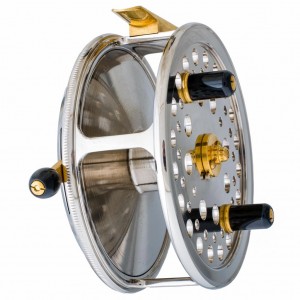 2001. John Milner made two 4-1/4" spey fishing reels with nickel and 24K gold plated finishes.